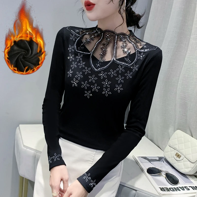 

Fall Winter European Clothes Thick T-Shirt Chic Stand Collar Sexy Patchwork Mesh Hole Diamonds Women's Tops With Fleece Tees 020