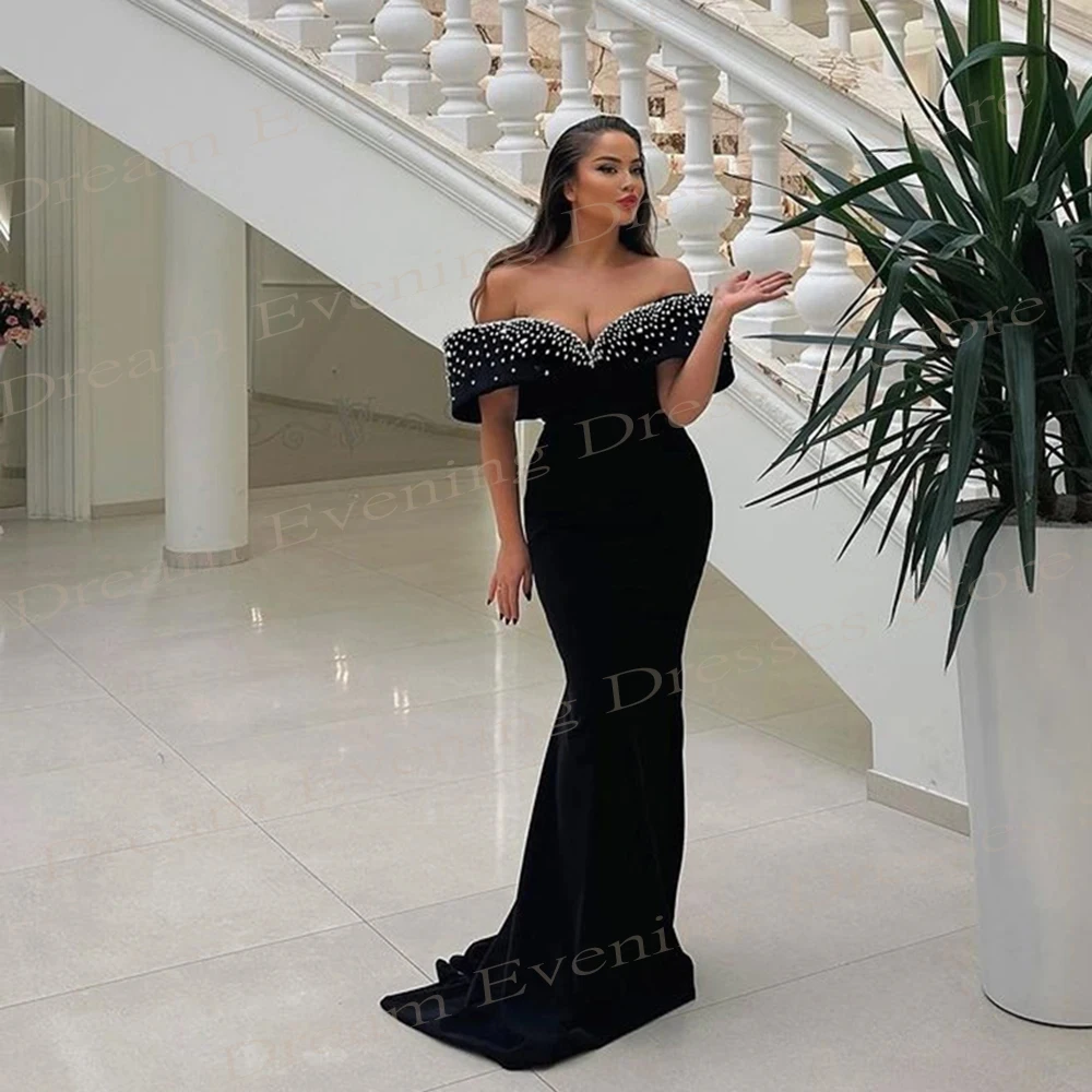 

Arabic Black Mermaid Formal Evening Dresses Satin Beads Off The Shoulder Prom Gowns Vestidos De Fiesta Elegantes Para Mujer 2024