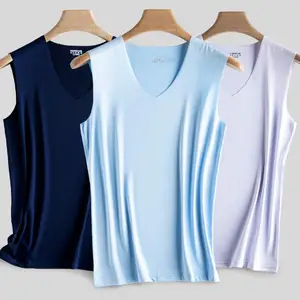 Summer Men Tank Tops Ice Silk V-neck Sleeveless Bodybuilding Vest Solid Color Elastic Moisture Wicking Seamless Vest For Fitness