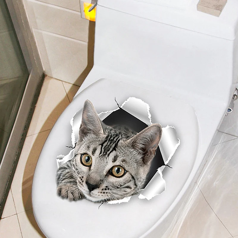 3D Kitten Toilet Seat Stickers Decals Waterproof Peel & Stick Restroom Animal Decals Decor for Bathroom Washroom