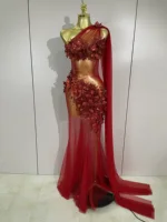Sexy One Shoulder Shiny 3D Floral Mesh Transparent Maxi Dress 2025 Evening Party Birthday Wedding NightClub Bar Stage Costumes