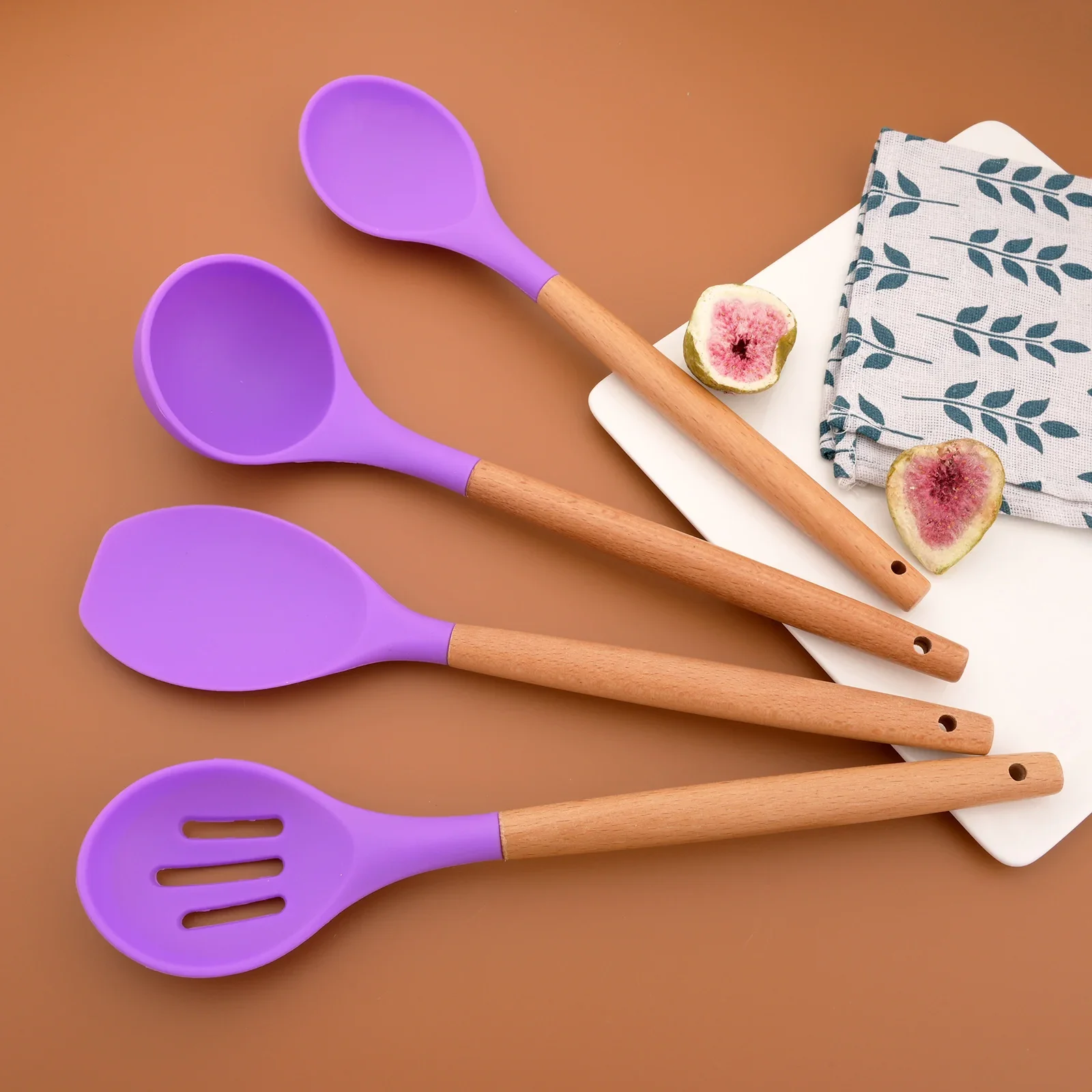 Purple Home Kitchen Silicone Cooking Utensils Set Non-stick Spatula Wooden Handle Heat Resistant Kitchenware Tools Accessories