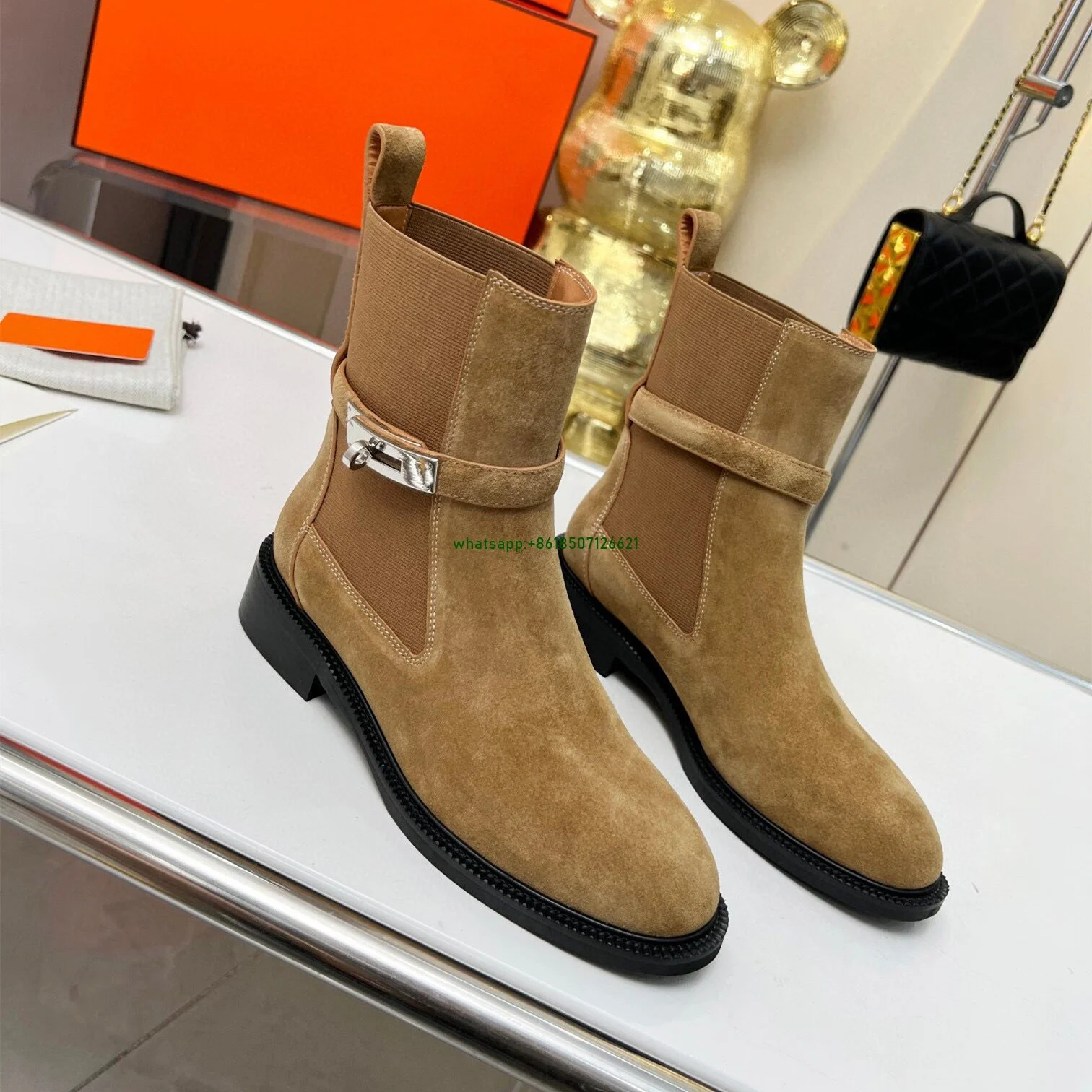 

Suede Round Toe Buckle Decorated Flat Ankle Boots Slip-On Low Heel Women's Short Boots