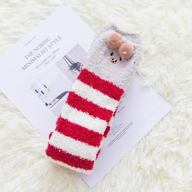 

Fashion Hot Autumn and Winter Striped Cartoon Embroidery Animal Coral Velvet Socks Thickened Warm Women's Sleep Stockings