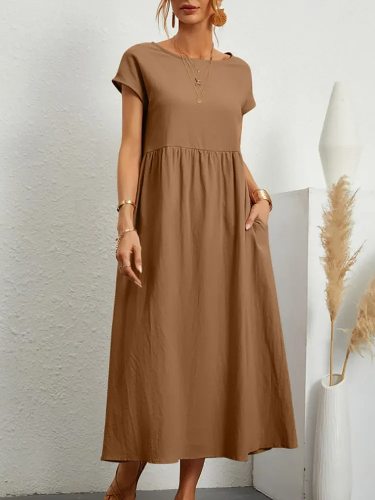 Women Vintage Solid Dress Summer Elegant O Neck Short Sleeve Cotton Linen Dresses Female Casual Loose Sundress Long Dress
