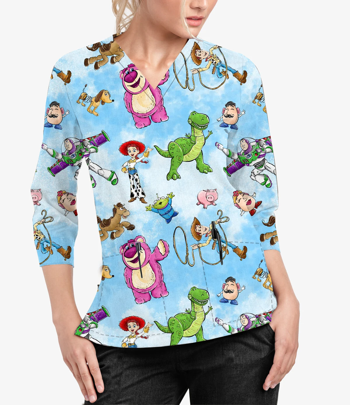 

V Neck Tee Pocket Tops Nurse Uniform T Shirts Disney Buzz Lightyear Print Women's Pocket Scrub Hospital Tops 2023 T Shirts Women