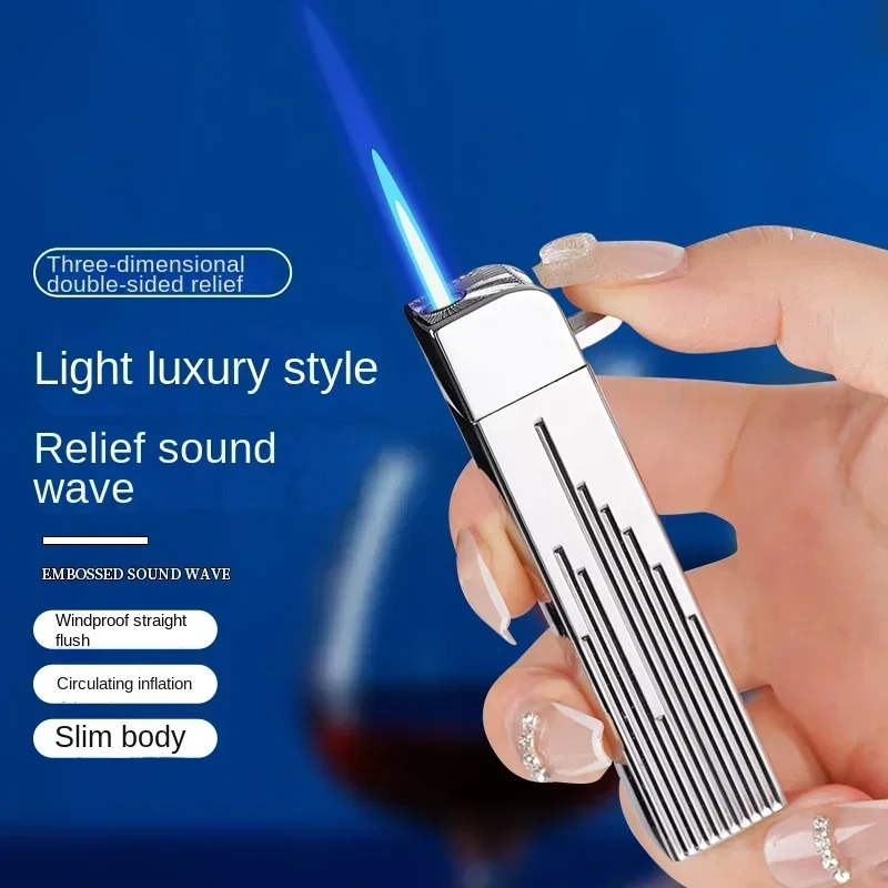 

three-dimensional double-sided relief windproof direct charge lighter with visible air chamber, slender strip, inflatable