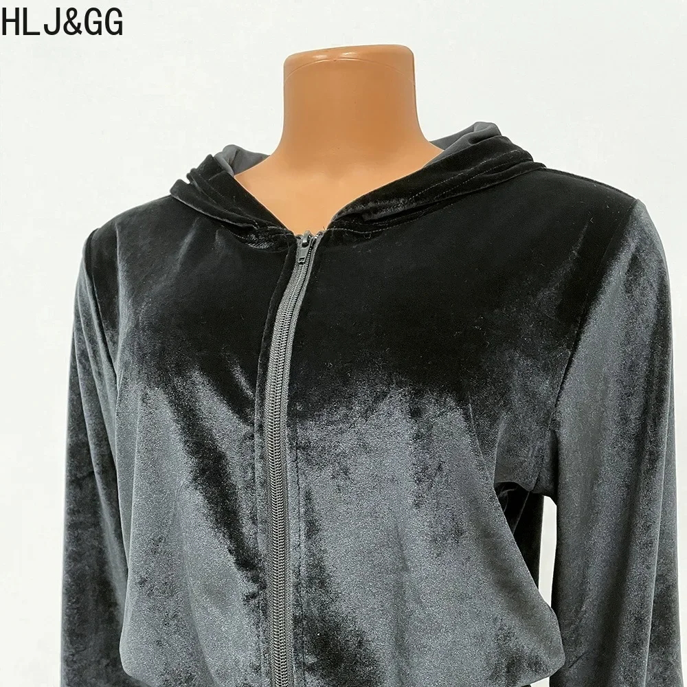 HLJ&GG Winter Casual Velvet Drawstring Jumpsuits Women Hooded Zipper Long Sleeve Sporty Playsuits Female Jogger Pants Overalls