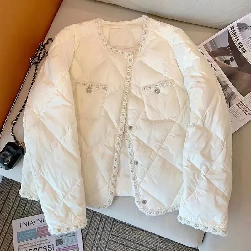 

Xpqbb Korean Style Down Cotton Padded Jackets Women Autumn Winter Lightweight Warm Parkas Woman Fashion Pearl White Parka Coat