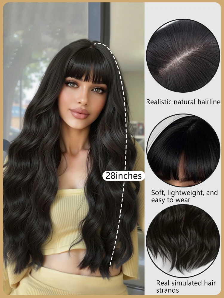 Human Hair Bangs and Wavy Curls synthetic human hair wig Easy to care