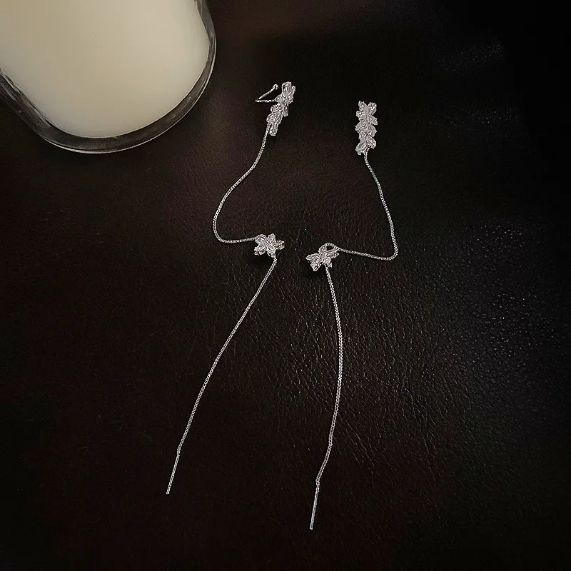 Ear Clip Earrings Clip Earrings Ear Clip Ear Accessories JWER Korea Silver Color Crystal Flower Clip Earrings For Women Simple Fake Cartilage Long Tassel Ear Cuff Jewelry Gifts