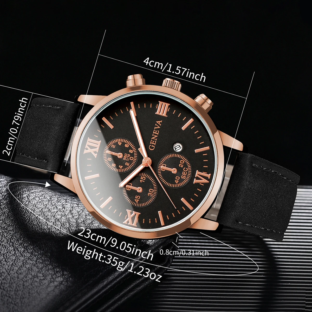 4pcs/set Men's Handsome Watch Simple Roman Scale Three Eye Dial Men's Calendar Leather Strap Quartz Combination Watch (No Box)