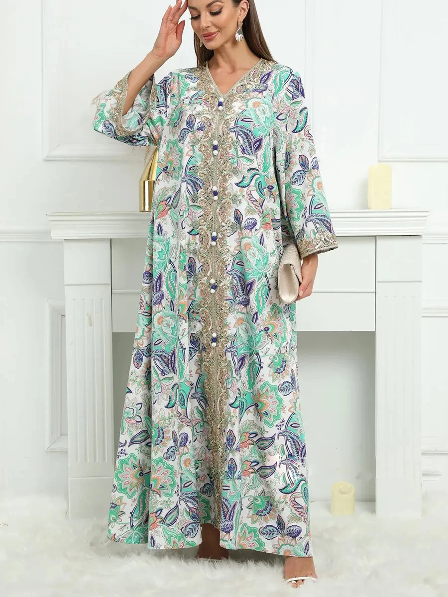 Women Maxi Dress Fancy Printing Muslim Party Evening Embroidered Vestidos Modest Kaftans Dubai Moroccan Clothes Long Jalabiya