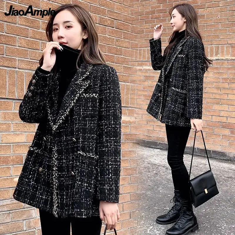 

Women's Autumn Winter Korean Loose Tweed Plaid Jacket Lady Fashion Joker Notched Double Breasted Coats with Pocket Outerwear