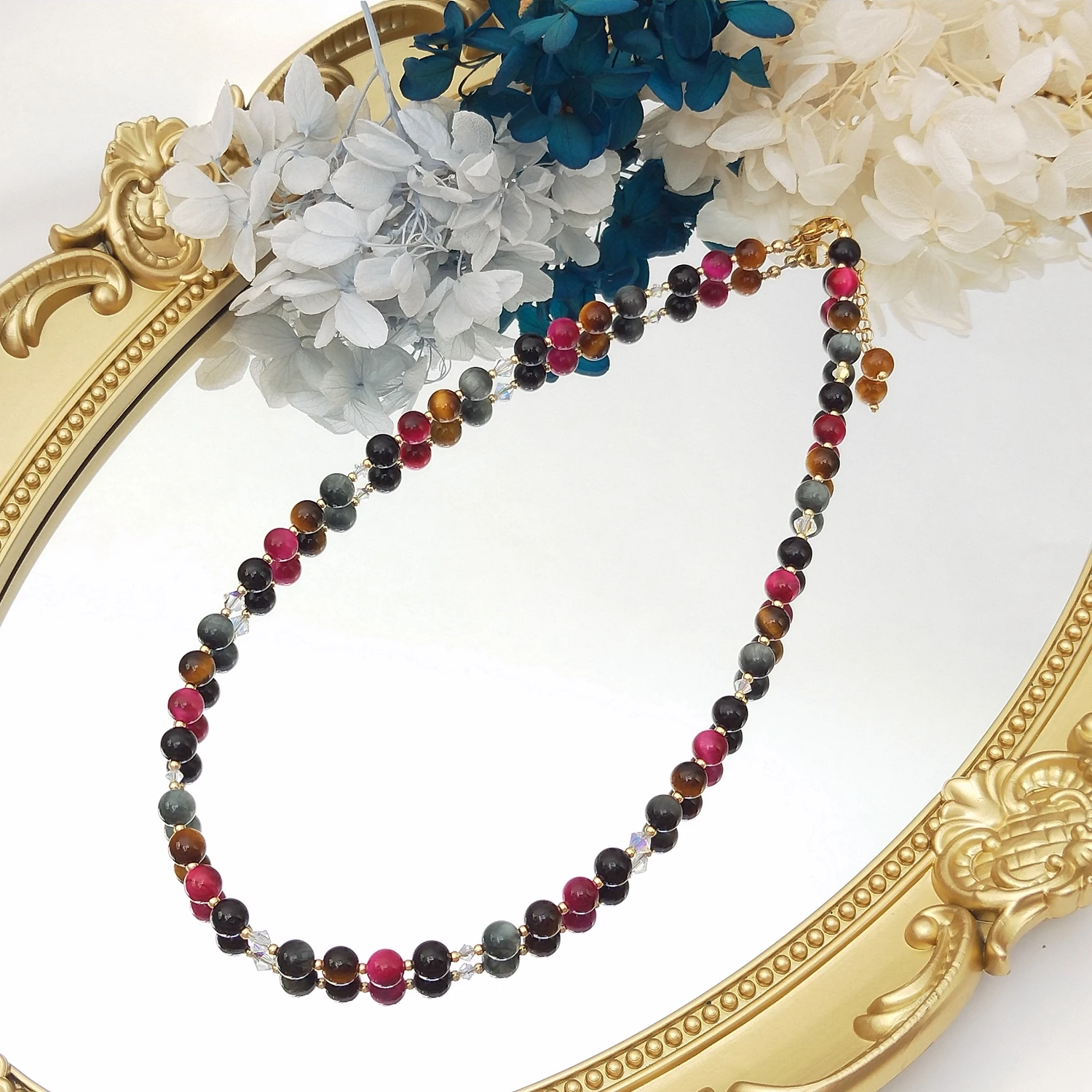 

Lii Ji 6MM Tiger Eye Eagle's Eye Austrian Crystal 14K Gold Filled Necklace 43+3cm