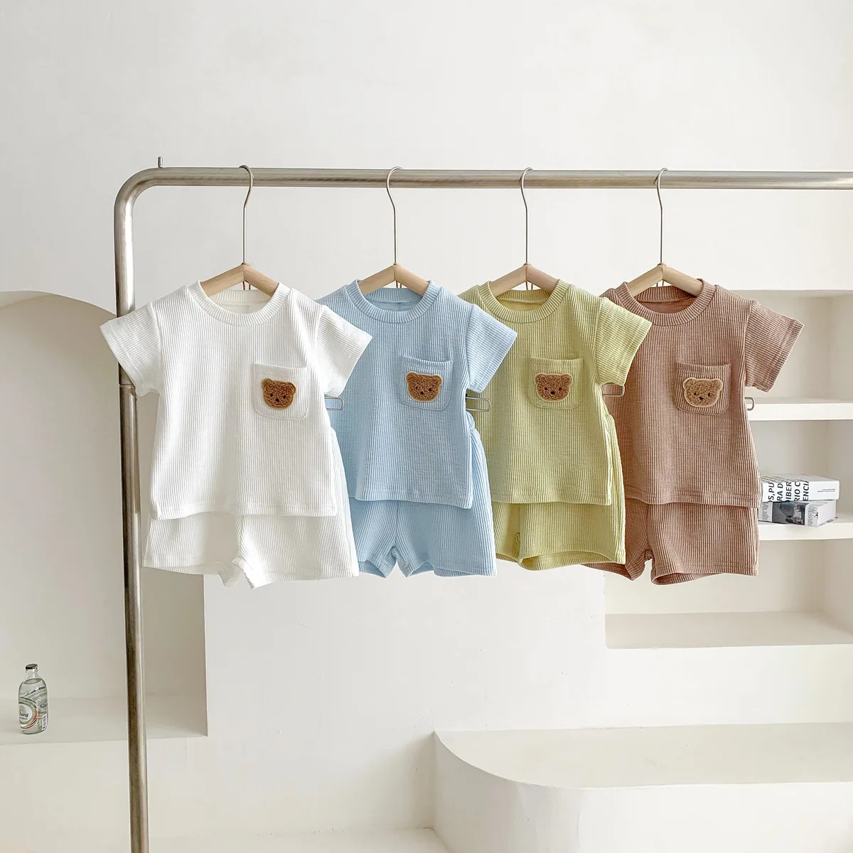 

Summer Baby Sets Korean Short Sleeve Cotton and Linen Pit Strip Set for Boys and Girls Baby Round Neck Cover Two-piece Sets