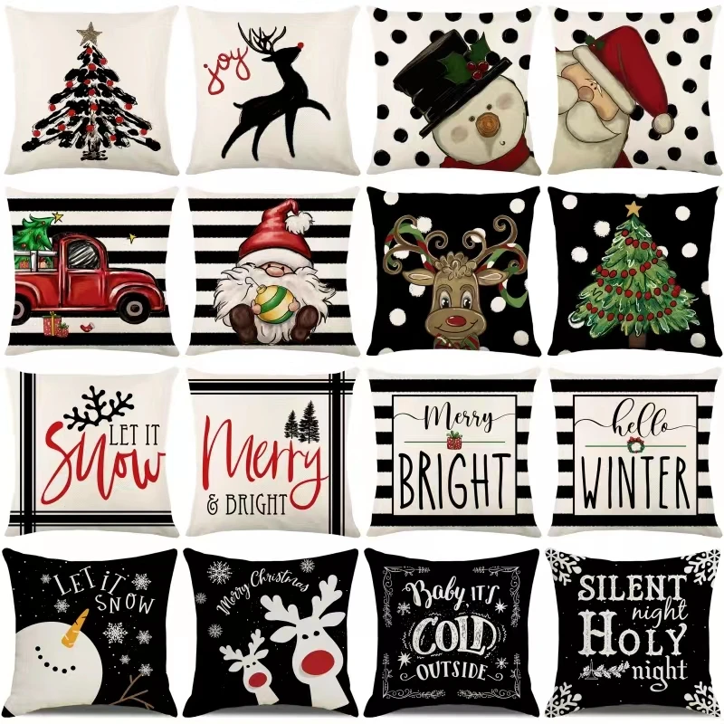 

Christmas Cushion Cover 18x18 Inches Linen Black Pillow Cover Santa Snowman Reindeer Pillowcases Xmas Decor Throw Pillow Case