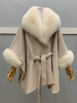 OFTBUY 2023 Autunno Inverno Caldo Nuovo Collo di Pelliccia di Volpe Grande Gira-giù il Collare delle Donne Versione Allentata 100% Lana Cappotto di Lana di Lusso 1
