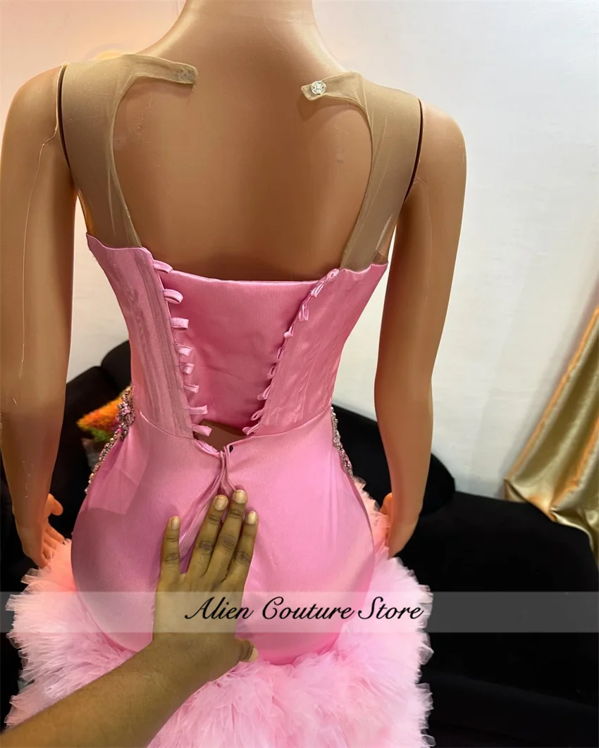 Glitter Diamonds Long Pink Prom Dress Black Girls Beads Crystals Gown Birthday Party Wedding Reception Customized
