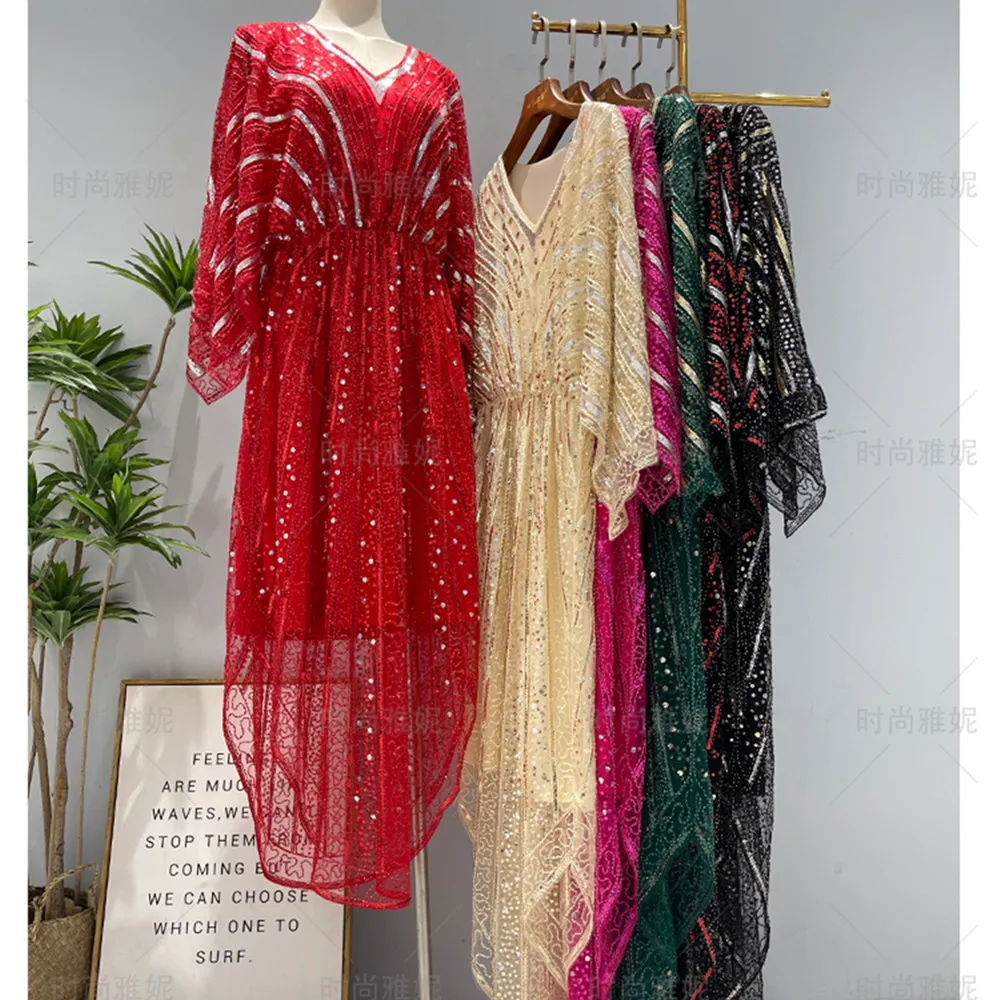 

Fashion Party Women's Wear Glittering Nail Bead Sequin Waist Elastic Bat Sleeve Dress Vintage Vestido Christening Dress summer