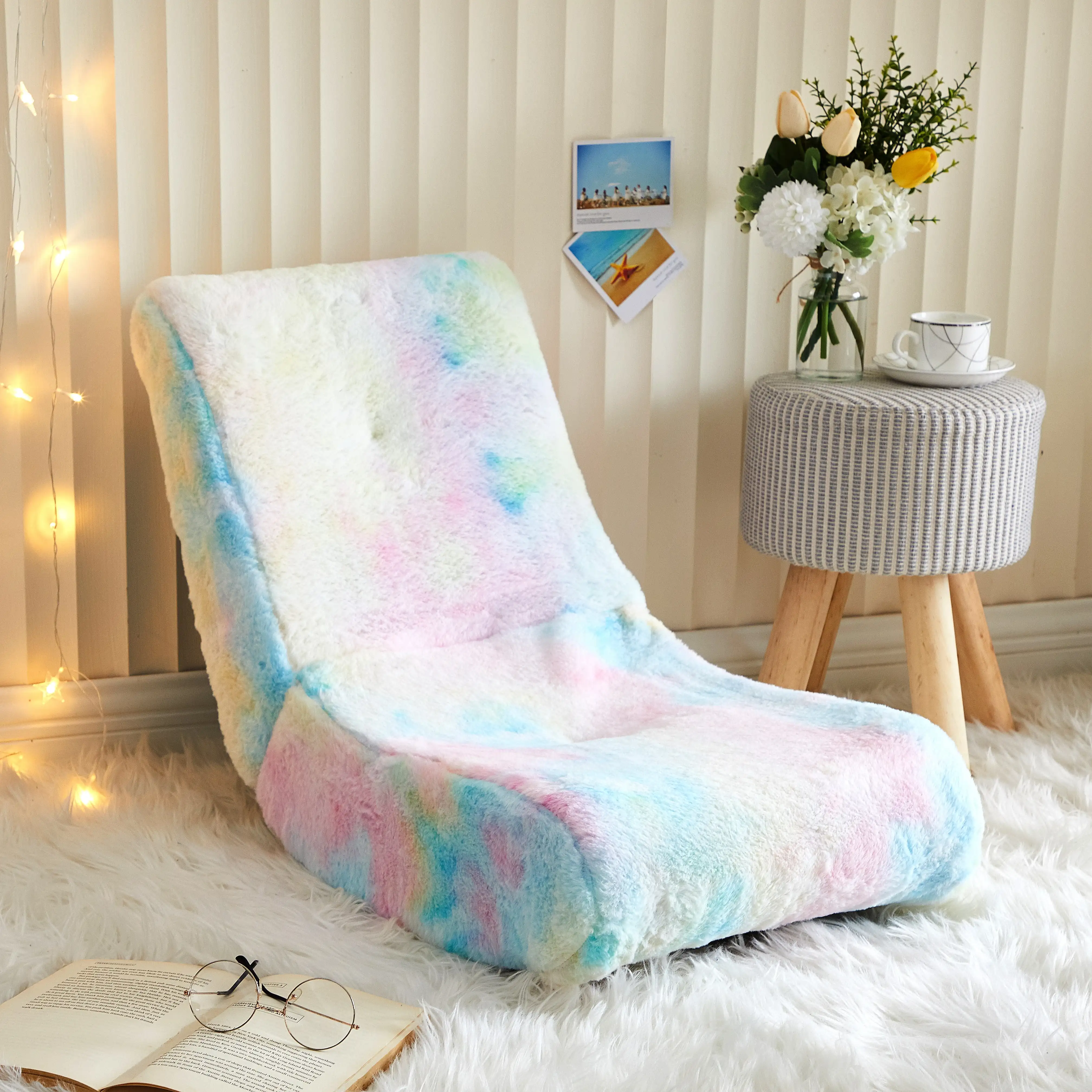 

Faux Fur Polyester Video Rocker Gaming Chair,Rainbow Tie Dye,21.5'' x 28.5'' x 16.5" bedroom chair multifunctional furniture