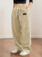 Women's Corduroy Pants Texture Straight-Leg Trousers with Drawstring Waist & White Piping - All-Season Casual to Semi-Formal - Image 2