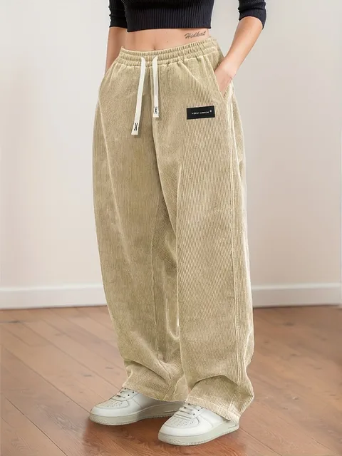 Women's Corduroy Pants Texture Straight-Leg Trousers with Drawstring Waist & White Piping - All-Season Casual to Semi-Formal