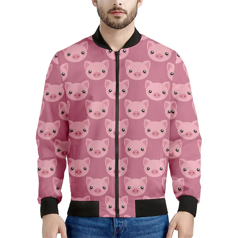 thumbnail image 1 of Chaqueta bomber con estampado de dibujos animados de cerdo para hombre, sudadera de manga larga en 3D, chaqueta bomber de calle de gran tamaño con cremallera, abrigo, ropa, 1 of 5