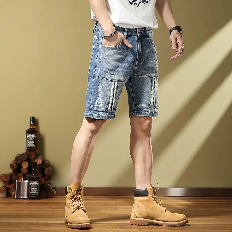 Handsome Fashion Personalized Embroidery Splice 2023 Summer Retro Men's Denim Split knee length jeans shorts cargo pants men