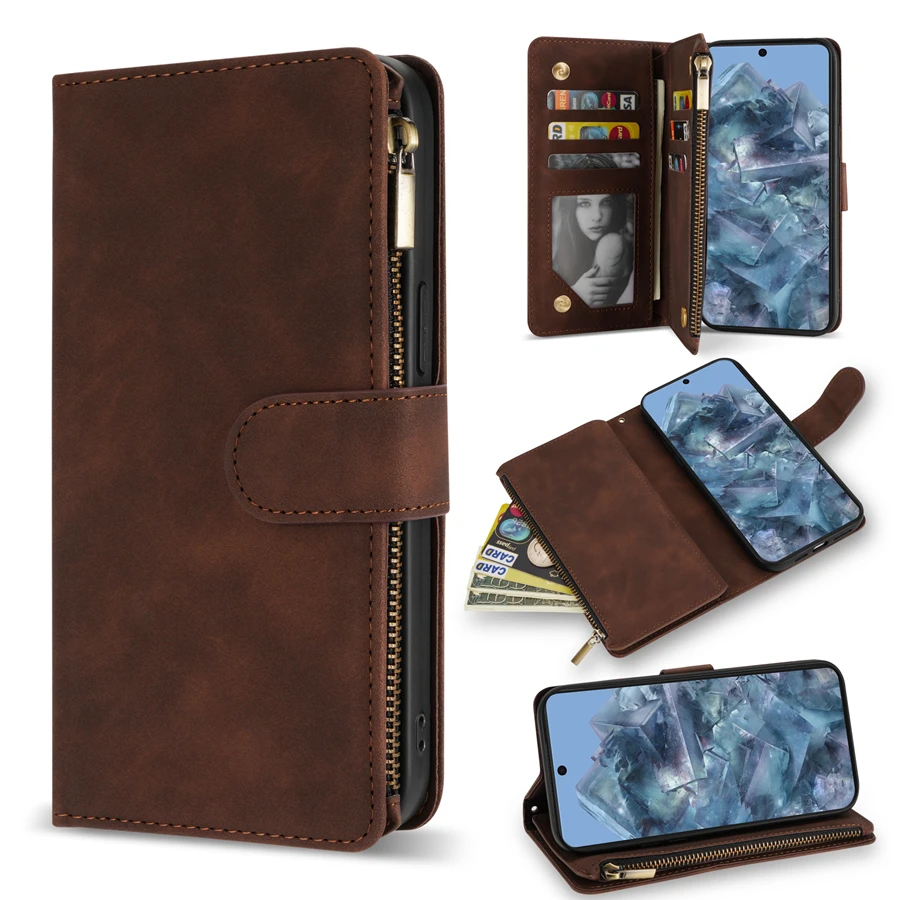 Brieftasche Multi-karte Zipper Ständer Foto Rahmen Magnetische Flip Ledertasche Für Google Pixel 8a 8 Pro 7a 7 6a 6 Schutzhülle – Detail 24