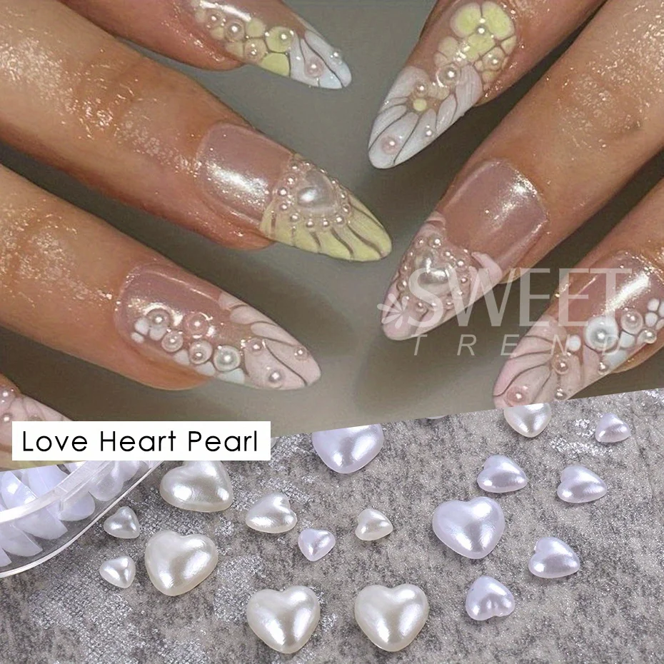 6 Grids Peach Heart Pearl Nail Charms Jewelry Natural White Flatback Beads Craft Decor Summer Elegant Wedding Accessory Ornament