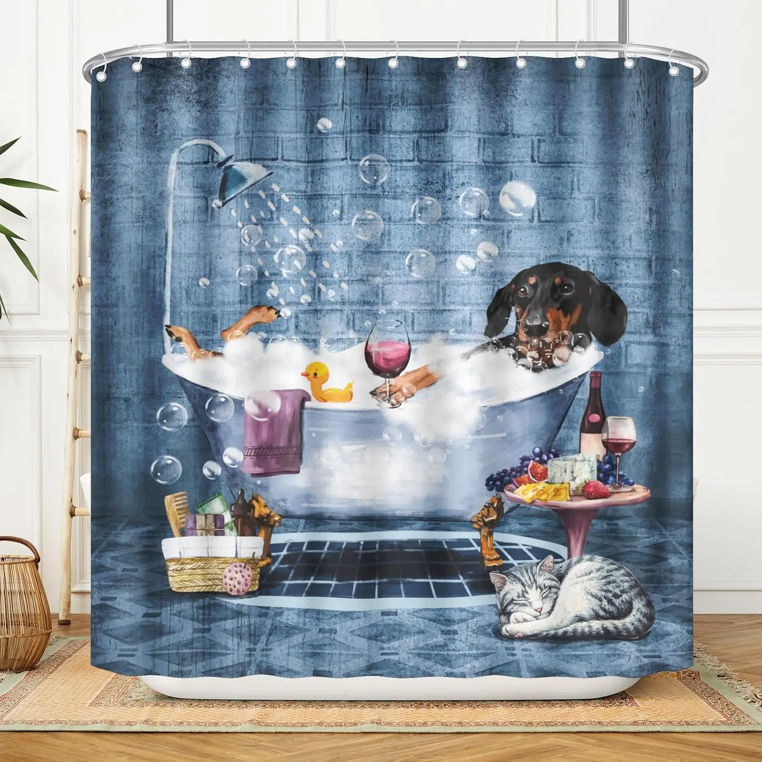 Funny Dachshund Shower Curtain for Bathroom Cartoon Dog Bath Curtains ...