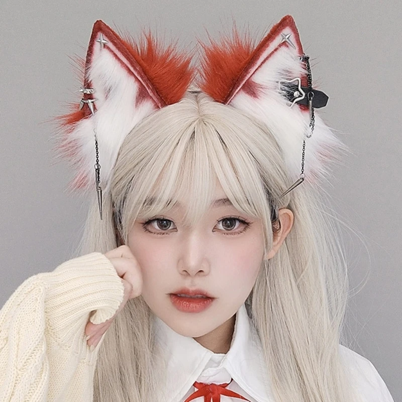 

Punk Wolf Ears Shape Headband with Dangle Jewelry Decors Hair Hoop Adult Cosplay Live Broadcast Easter Party Headpiece