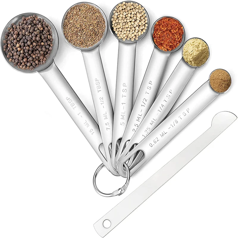 Stainless Steel Measuring Spoons Cups Set, Small Tablespoon, Teaspoons, Set  6 With Bonus Leveler, F