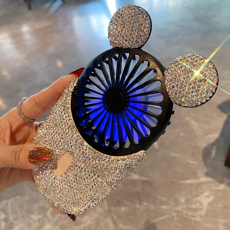 

Cute Handheld Small Fan with Rhinestones USB Charging Diamond Portable Electric Fan Desktop Summer Must-have for Student Women