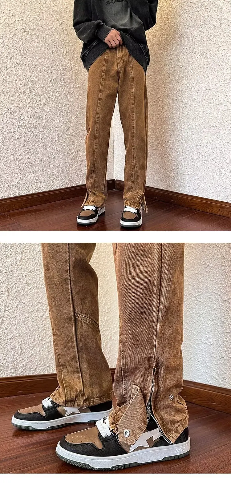 2026 Koreanische Mode Knöchelreißverschluss Vintage Braun Herren Jeans Luxus Gerade Hip-Hop Casual Denim Hosen Pantalones Hombre – Detail 15