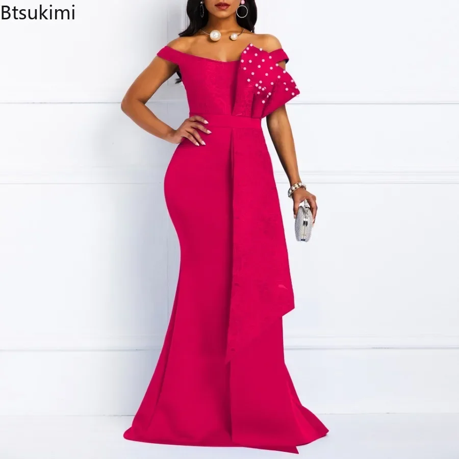 2024 Luxury Dresses Women Designers Beaded Off Shoulder Mermaid Skinny Prom Floor Length Evening Dinner Wedding Party Maxi Dress 3
