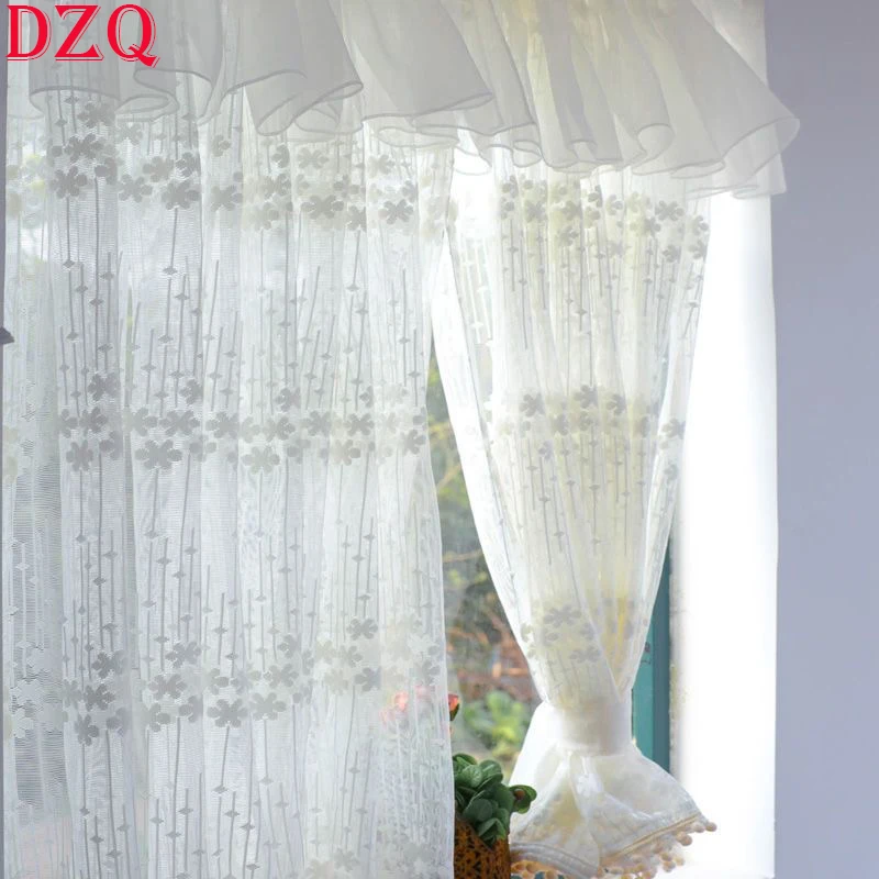 

Elegant Cream Lace Short Curtains With Valance for Living Room Balls Bottom Flowers Yarn Half Curtains for Kitchen #A329