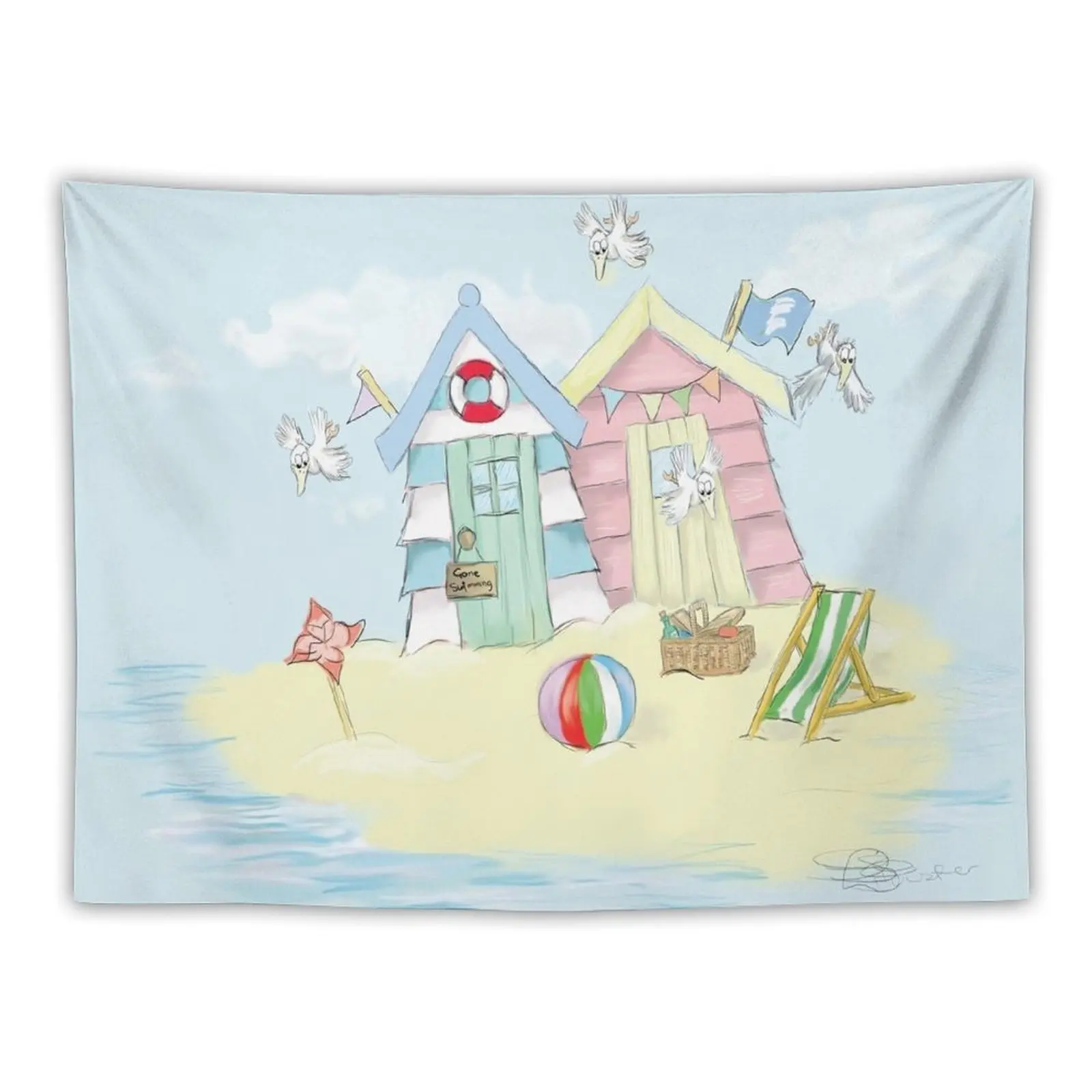 

Beach Huts - Gone Swimming Tapestry Wall Mural Korean Room Decor Tapestry