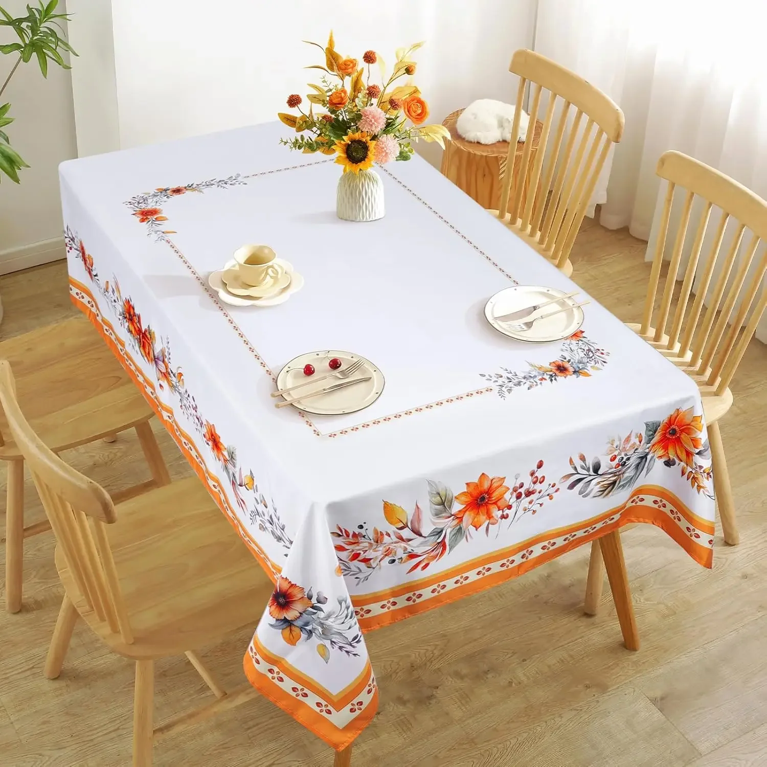 Maple Leaves Fall Rectangle Tablecloth Waterproof & Stainproof,Thanksgiving Pumpkins Autumn Corn Wood Grain Wipeable Table Cloth For Round/Rectangle /Oval/Square/Dining/Party/Wedding,54x108