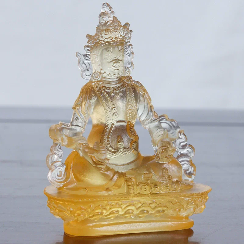 Liuli Yellow Statue for Water Offering Altar, Buddhist Five Wealth Gods Deity, Prosperity Blessing Figurine for Home Office Desk