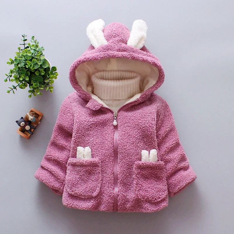 Autumn And Winter Korean Version Girls' Embroidered Coat Children's Plush Cute Hooded Bunny Ear Cotton Jacket