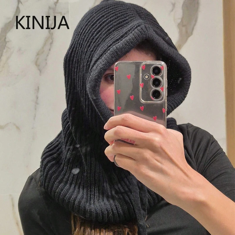 Women Knitted Balaclava Fashion Fake Collar Shawl Hooded Hat Thick Warm Beanines Winter Hat