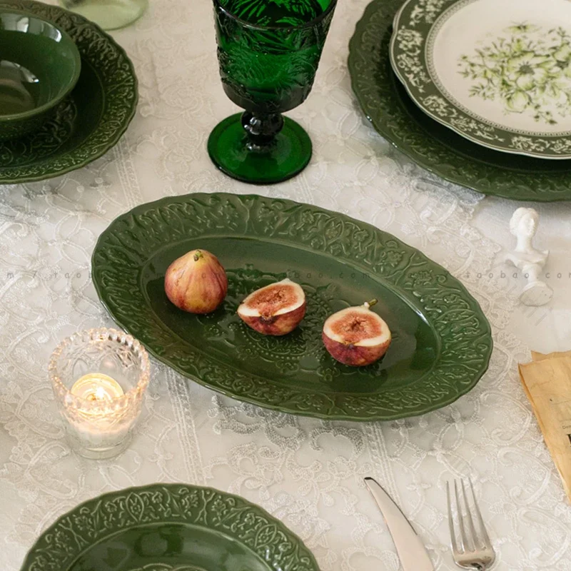 Vintage Relief Ceramic Plate Green Creative Flower Dining Plates Household Delicious Dishes Trays Exquisite Soup Bowls Tableware
