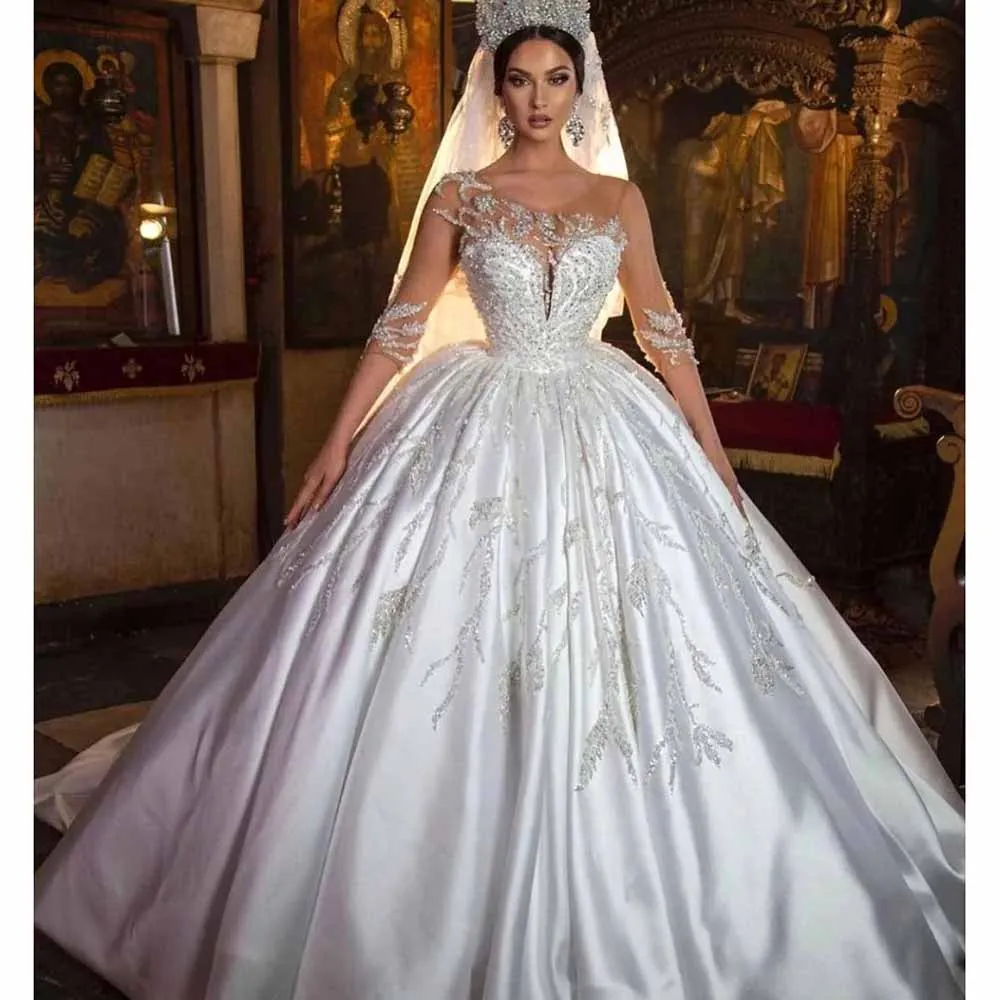 

2024 Gorgeous Wedding Dress for Women Long Sleevel Ball Gown O-Neck Appliques Beading Satin Customized Chapel Train Pretty Bride