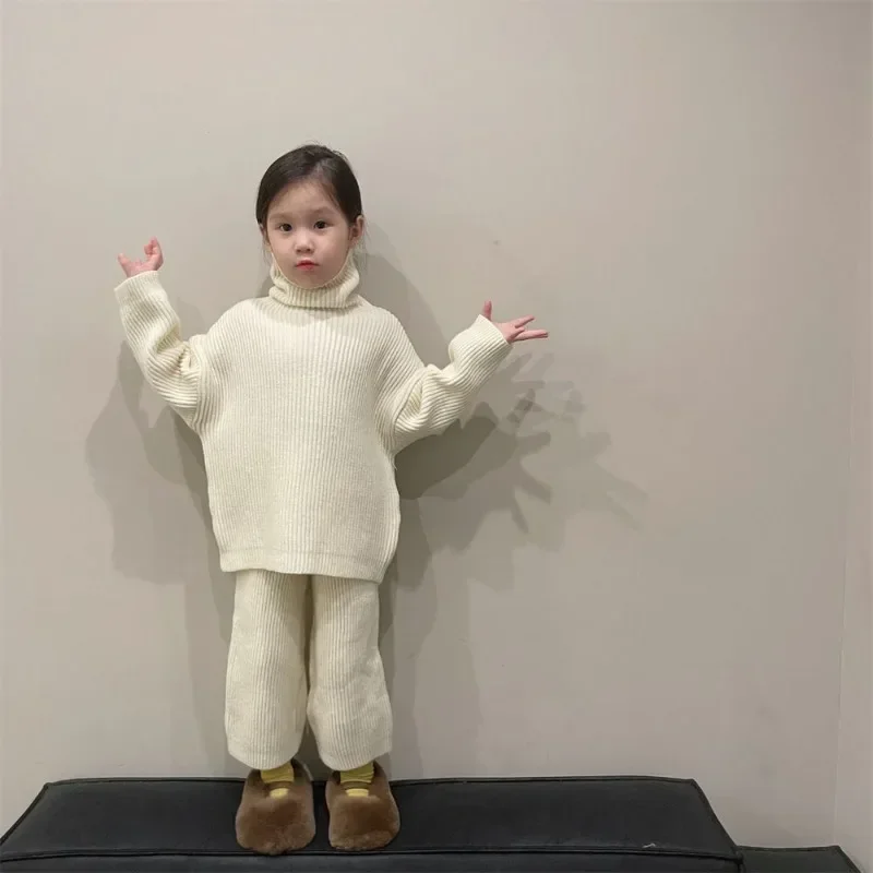 

Children's Clothing Set Loose Leisure Knitted Suit Winter Spring Girl's Two Piece Suit Turtle Neck Sweater+Pant New PTKPCC