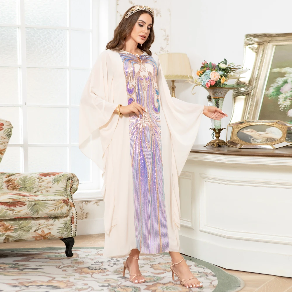 Muslim Abaya Dignified Party Long Dresses for Women Sequins Decoration V-neck Butterfly Sleeves Female A-line Loose Skirt Kaftan