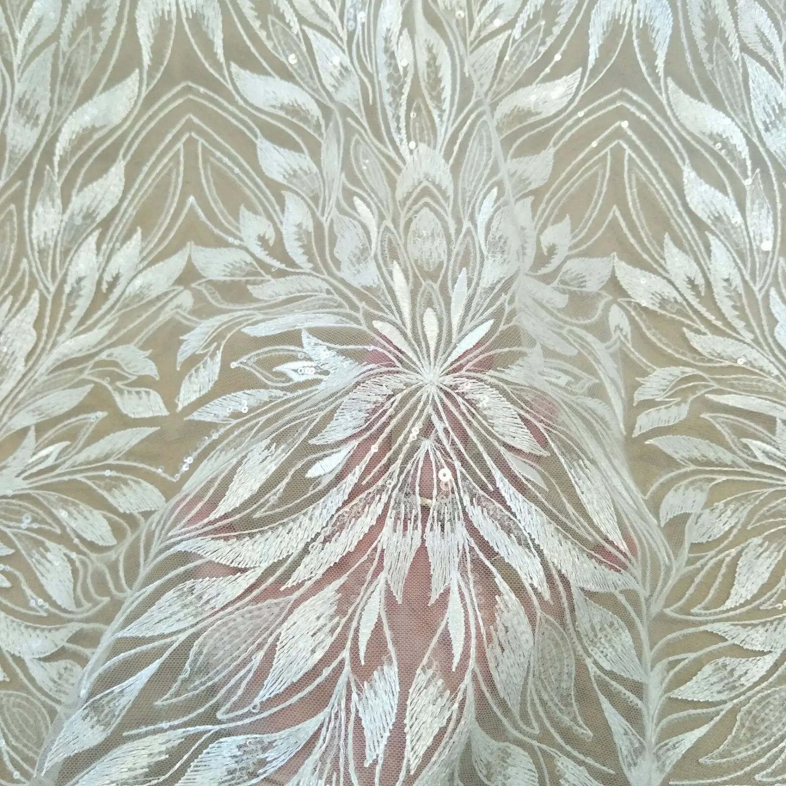Lace Fabric Sequin Wedding Dress DIY Lace Leaves Width 130cm Sold by Yard
