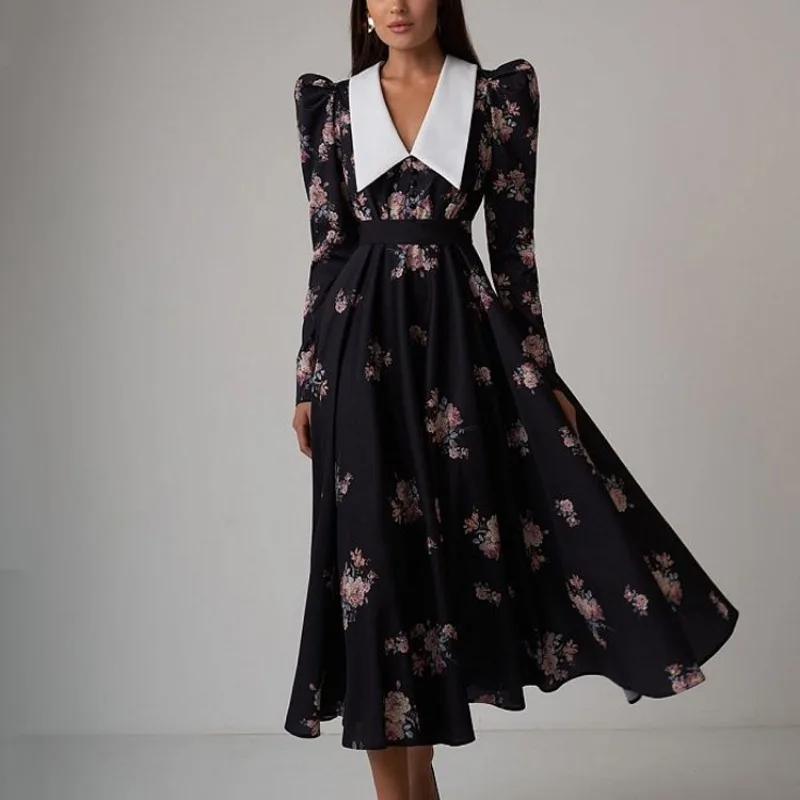 

Women Vintage French Style Floral Print A-Line Dress Elegant Slim Puff Sleeve Waist Pleated Maxi Dress Lady Boho Banquet Dresses