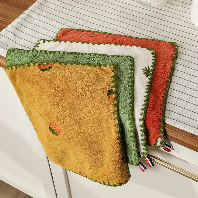 Absorbent Hand Towel with Fruit Embroidery Super Soft Hangable Quick Dry Bathroom Kitchen